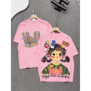 Camiseta de algodón de Anime de gran tamaño para mujer, moda informal, transpirable con decoraciones de diamantes y letras, talla única, ajuste holgado - Product Image 1