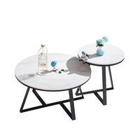 Ensemble de meubles de salon blancs modernes et durables, 2 tables basses hautes et basses, pieds en acier inoxydable ; table basse en dalle de pierre facile à nettoyer