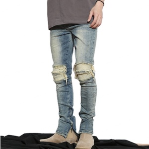 Pantalones Vaqueros de Motociclista para Hombre, Personalizados OEM, Estilo Vintage, Azul Lavado, Corte Ajustado, Elásticos, Únicos, Cómodos, con Rayas - Product Image 1