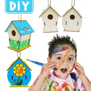 Kit de artesanato de madeira, kits de artesanato de madeira presente de crianças criativo natal diy com casas de pássaros com pinturas e pincéis