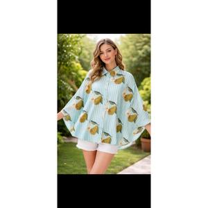 Camisa de mujer con botones y mangas tipo kimono, estampado de peras a rayas azul claro, corte holgado informal, top de primavera y verano - Product Image 6