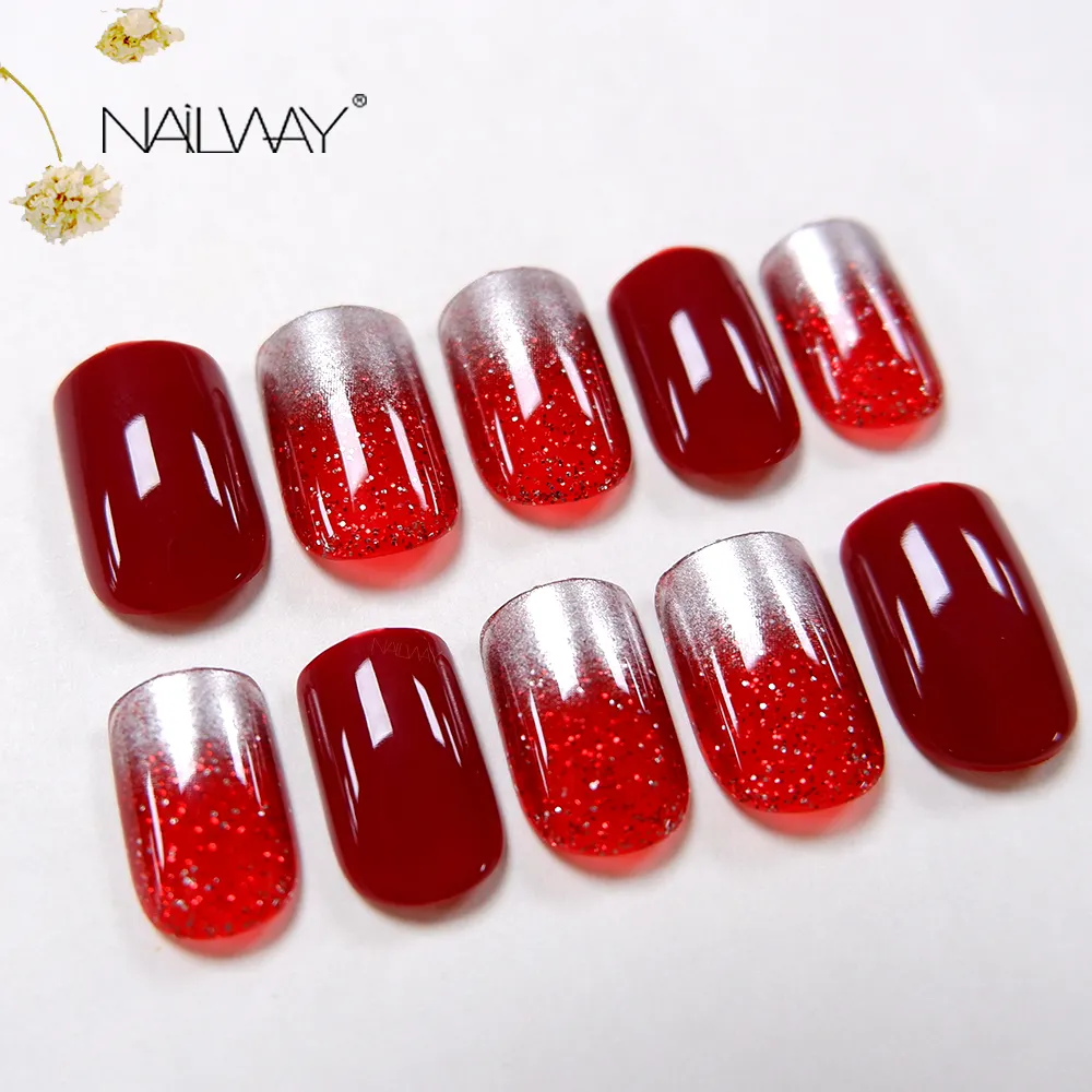 24個Shinny Ombre Red Press On Nails Metallic Stick On Nails Glitter Professional Impress Nails