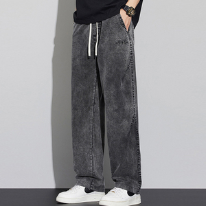 بنطلون رجالي فضفاض بتصميم عصري وواسع الساق مع خصر مطاطي وتطريز، موديل جديد للربيع والخريف - Product Image 3