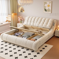 Französisches Modernes Luxus-Schlafzimmer-Lederbett im Creme-Stil, Minimalistisches Queensize-Bett mit Stauraum, Gepolstertes Hochzeitsbett