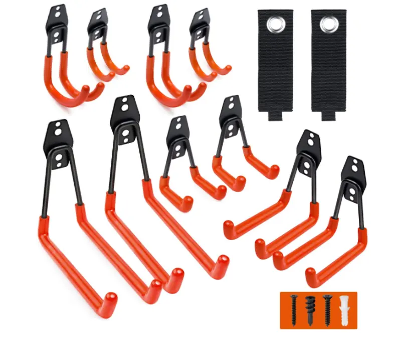 Garage Hooks, 12 Pack Wall Storage Hooks with 2 Extension Cord Storage Straps, Heavy Duty Tool Hangers for Utility Organizer
