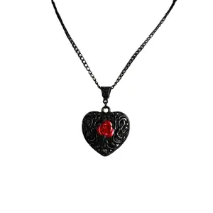 2022 Fashion Black Rose Red Heart Pendant Necklace Glass Cameo Gothic Romantic Charm Retro Titanium