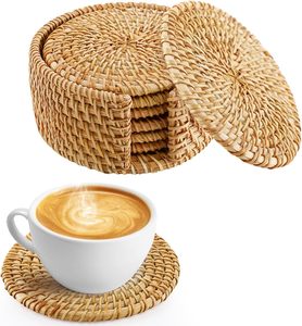 6 sous-verres en rotin naturel faits à la main avec support - Ensemble de sous-verres en osier, cadeaux de pendaison de crémaillère, décoration bohème estivale pour la maison, style côtier - Product Image 1