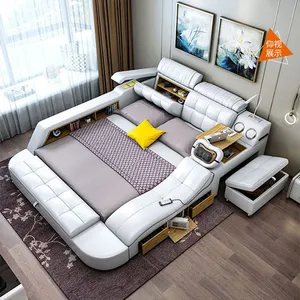 Modern Design Multi Function Leather Storage Bed Smart Bed With Massage Storage King Size Bed Frame Smart Bedroom Furniture