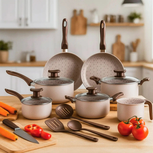 Juego de Ollas y Sartenes Modernas de Cerámica con Revestimiento de Mármol, Tapas de Vidrio, Asas de Baquelita, Antiadherentes, de Aluminio, Aptas para Gas e Inducción, Resistentes al Horno - Product Image 6