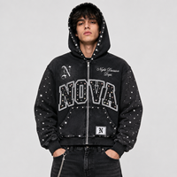 Sweat à capuche zippé noir surdimensionné pour homme, en coton personnalisé, avec strass thermocollants, imprimé numérique, délavé à l'acide, pour l'hiver