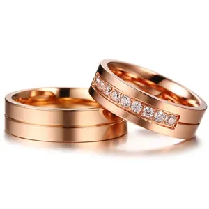 Gold Color Cubic Zirconia Stainless Steel Couple Rings Band Bridal Jewelry Wholesale Titanium Vintage Engagement Rings Men Women