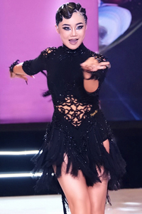 Costume de danse latine Vennystyle en polyester <span class=keywords><strong>noir</strong></span> pour femmes, manches courtes, découpes, plumes, franges, jupes <span class=keywords><strong>tutu</strong></span>, performance, compétition - Product Image 2
