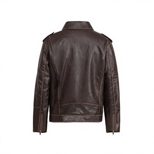 Blouson moto en cuir marron pour homme, coupe ajustée, col rabattable, fermeture éclair, longueur standard, couleur unie, automne - Product Image 2