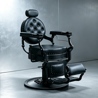 Fauteuil de Barbier Hydraulique Rétro Premium Noir Intégral avec Boutons Capitonnés, Mobilier de Salon pour Salon de Coiffure Masculin