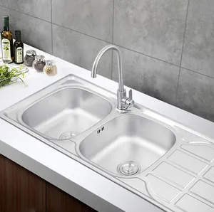 double bowl stainless steel pressing sink with workstation pearl sand stretching basin with drainage board above counter