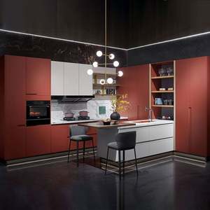 Two-Tone MDF Kitchen Cabinets Marble White Red Modern UV Lacquer Finish Custom High-End Modular Design for Apartment Villa - Product Image 2