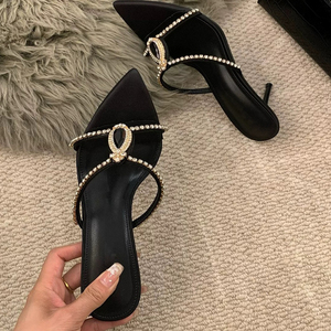 Sandalias de tacón alto y fino para mujer, con diamantes y pedrería, de verano, con correa, zapatos de vestir con punta puntiaguda, estilo mule. - Product Image 1