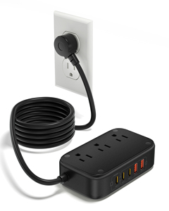 Enchufe de Extensión de 3 Tomas con 3 Puertos USB-C y 2 Puertos USB-A, Cable de 1.5m, Diseño de Seguridad ABS Negro para Uso Residencial - Product Image 1
