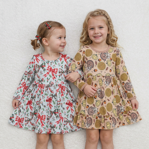 Robe de Noël pour filles, imprimé nœud, manches longues, ourlet à volants, motif dinde et citrouille de Thanksgiving, tenue de fête pour tout-petits - Product Image 1