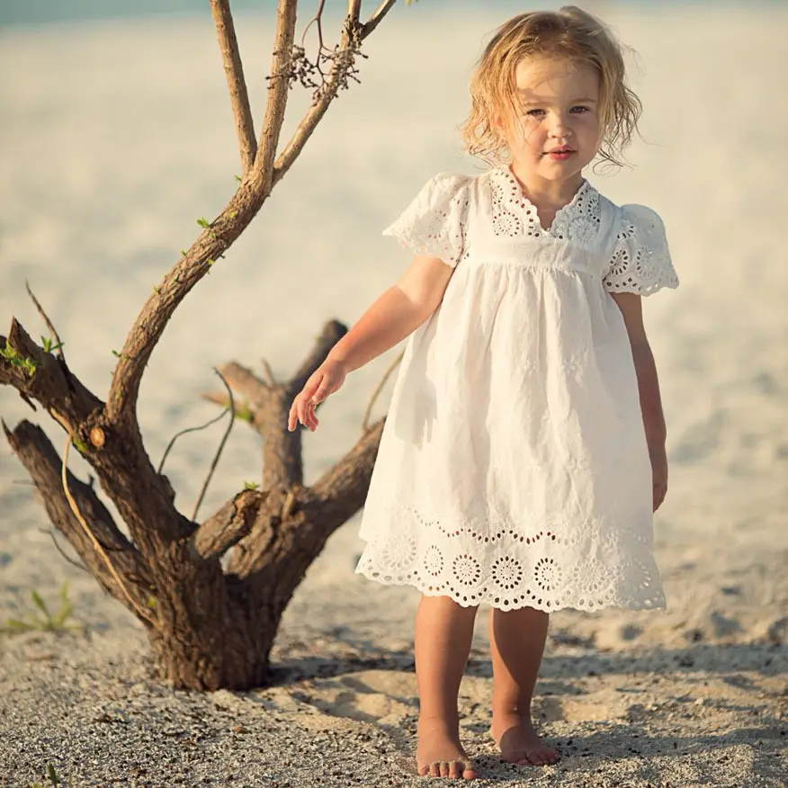 Groothandel Katoen Beige Geborduurd Zomer Kleding Kant Meisje Jurk Koreaanse Casual Jurken Voor Meisje Kinderen