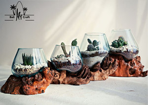 Terrario <span class=keywords><strong>in</strong></span> <span class=keywords><strong>Vetro</strong></span> Soffiato a Mano con Bolle Blu su Legno di Teak Naturale, Decorazione per Interni, Vaso con Supporto, Kit per Terrari - Product Image 5