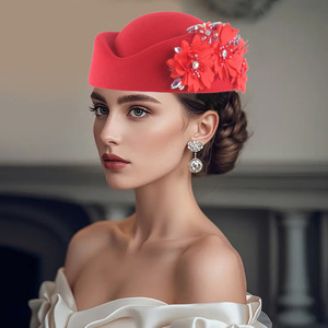 Chapeau Foulard en Feutre PU Style Vintage Européen et Américain pour <span class=keywords><strong>Femme</strong></span>, Coiffe de Cérémonie ou Derby, Béret Souple à Fleurs pour Dames, Quatre Saisons - Product Image 3