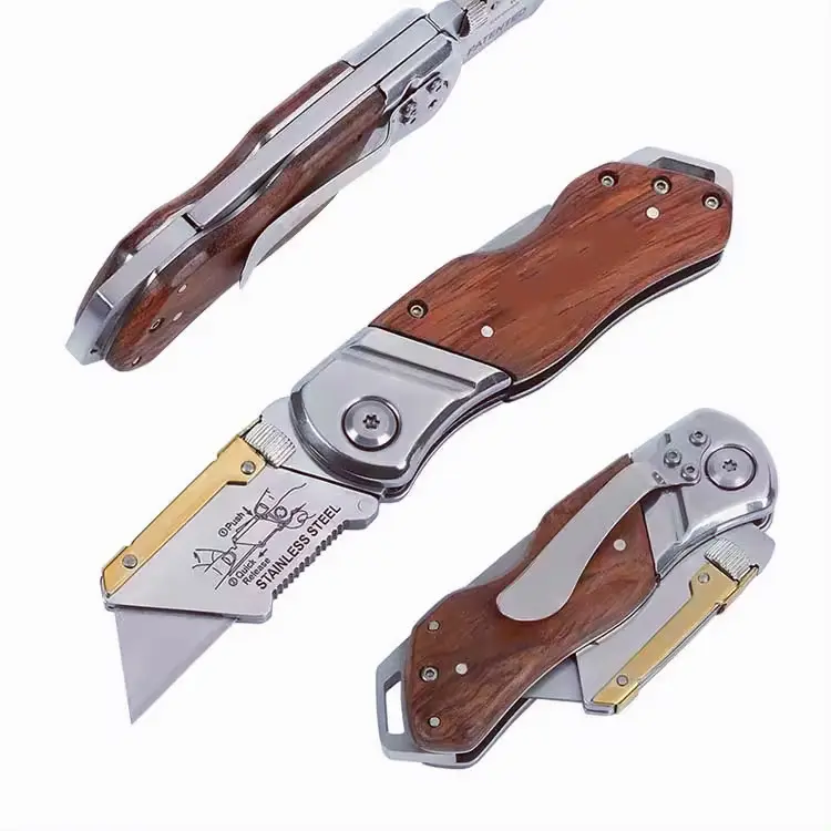 Folding Utility Knife with 20PCS Blades Pocket Knife Pipe Cutter Wood Handle Lock Back Quick-Change Pocket Knife