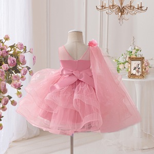 Abito da principessa rosso scollo a o per ragazze estate stile formale abbigliamento per bambini con disegno floreale gonfio e perline per feste - Product Image 6