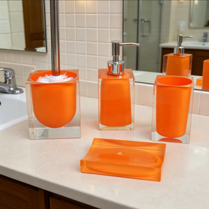 Set di Accessori per Bagno con Doppio Strato Trasparente, Esterno <span class=keywords><strong>Arancione</strong></span>, Interno Trasparente: Porta Scopino, Dispenser Sapone, Bicchiere, Porta Sapone - Product Image 4