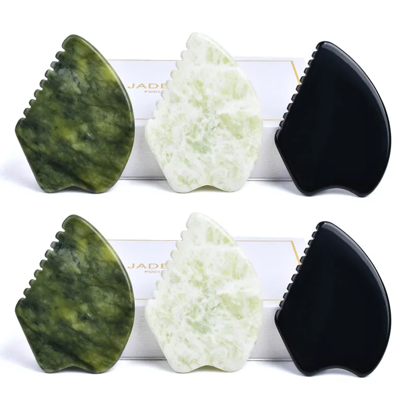 Logo personalizzato Real Natural Black Obsidian Nephrite Quartz Crystal Face Body Massage strumento facciale Green Jade Guasha Stone Gua Sha