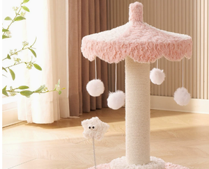 Pink Cat Tree <b>Scratching</b> <b>Post</b> Wooden Cat Tower with Hanging Pom Toys Indoor Pet Furniture - Product Image 5