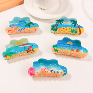 Số lượng lớn 2025 thiết kế mới kỳ nghỉ Hawaii phụ nữ phụ kiện màu xanh đại dương biển cọ bãi biển in hình dạng đám mây 10.2cm PVC tóc Claw Clip - Product Image 1
