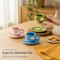 Tasse à café en céramique irrégulière peinte à la main avec soucoupe, motif nuage, cœur et floral, ensemble de tasses à thé pour le petit-déjeuner à la maison