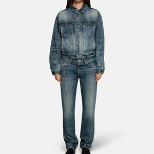 Ensemble en jean vintage personnalisé de haute qualité pour femme : veste en jean à manches longues et jean slim droit avec boutons - Product Image 1
