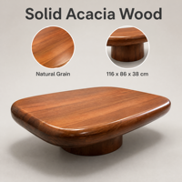 Table basse moderne en bois d'acacia avec plateau rebondi, base sur piétement, profil bas, meuble central pour salon et hôtel