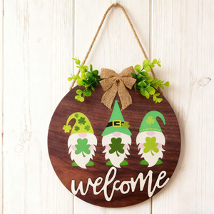 No Olive Wooden Round Wall <b>Hanger</b> With Gnomes Welcome Sign For Home Office Decor - Product Image 3