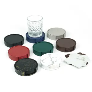 Custom High Quality Gifts Design Engraved Logo Blank PU Leather Coaster Holder Sets