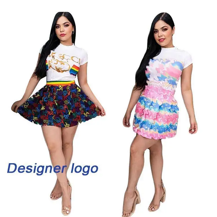 New arrival Summer Fashion Women Casual Short Sleeve T Shirt & Skirt Set Designer Print Two Pieces Pleated Mini Skirt Set