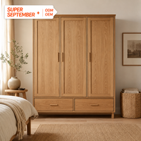 Armoire scandinave sur mesure de style Shaker avec 3 portes et 2 tiroirs en chêne massif naturel, meuble de rangement autoportant pour chambre à coucher