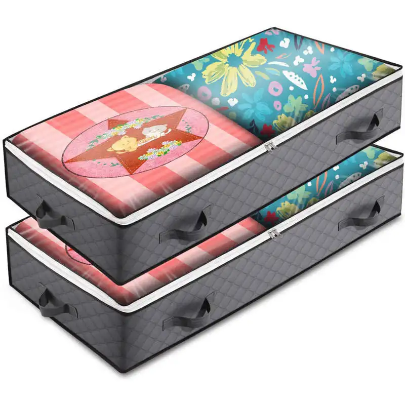 Non Woven Under-the-bed Storage Boxes with Reinforced Handles Foldable Underbed Storage Bag and Containers KOREAN Fabric Grey