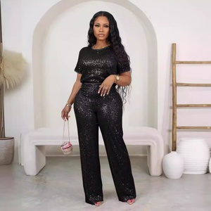 2025 Spring Summer Collection Women's Casual Two-Piece Set Short-Sleeved <b>Pants</b> <b>Sequin</b> Embroidery Solid Color Available for Amazo - Product Image 2
