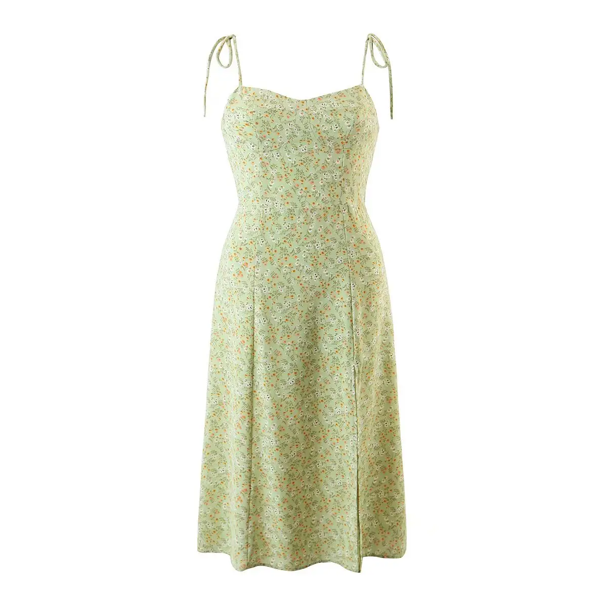 Beautiful green color floral print sleeveless shoulder lace up women casual fashion dress