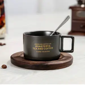 Copo de café expresso de cerâmica com 3oz, copo de café espresso e molhador com esmalte reativo, copo pequeno de chapeamento com placa de madeira, copo de chá pequeno