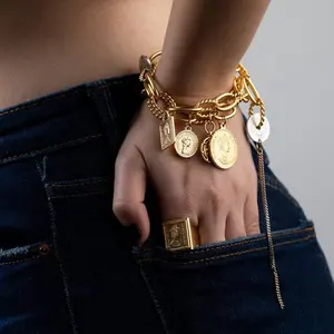 Multi Dangling Charm Bracelet Link Chain Jewelry 18K Gold Plated Bold Double Chain Bracelet With Coins Pendants