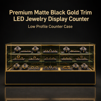 Comptoir de présentation de bijoux noir mat avec finition dorée, vitrine LED, étagères en verre pour magasin de détail