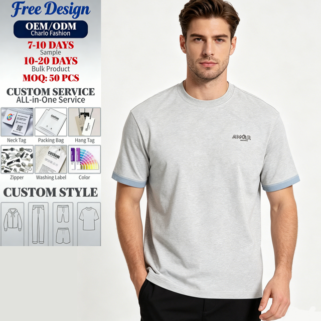 Men Heather Grey Knitted Boxy Crew Neck T-Shirt Character Print Contrast Light Blue Cuff Trim Small Chest Embroidery Logo