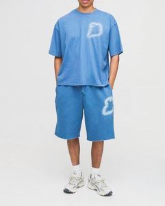 Conjunto de camiseta y pantalón corto azul oversize con apliques, lavado ácido, estilo boxy, a juego - Product Image 4