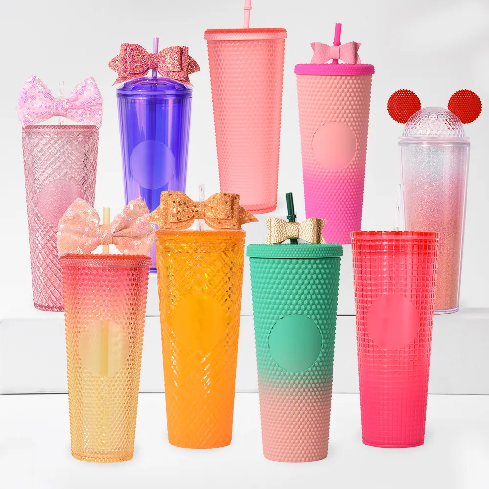2023 Custom Logo 24oz ZProtected By Patent Double Wall Plastic Matte Studded Tumbler Black Reusable Cold Cups With Lid Snd Straw