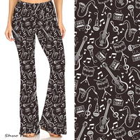 Pantalon évasé taille haute pour femme, motif instruments de musique vintage style line art, marron, chic, pour musiciennes, mode et yoga