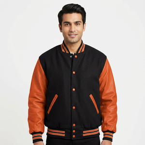 แจ็คเก็ตวิทยาลัย Letterman สีน้ำเงินรอยัล ทำจากผ้าขนสัตว์และแขนเสื้อหนังวัวสีส้ม พร้อมปกตั้งสไตล์เบสบอลแบบโรงเรียน - Product Image 1